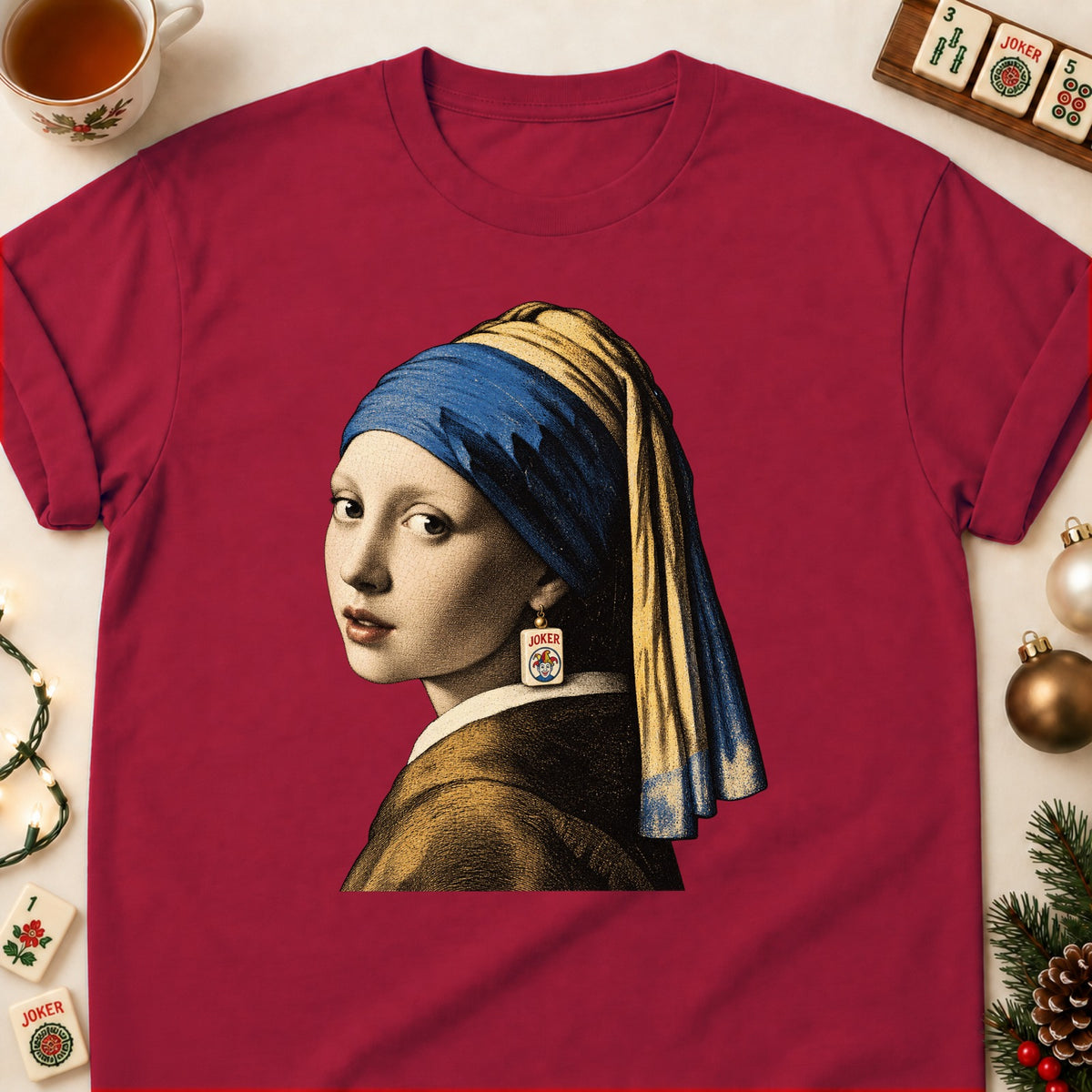 Girl With A Joker Earring mahjong T-shirt in Cardinal Red, laid flat. [bb c=cardinal-red r=flat]