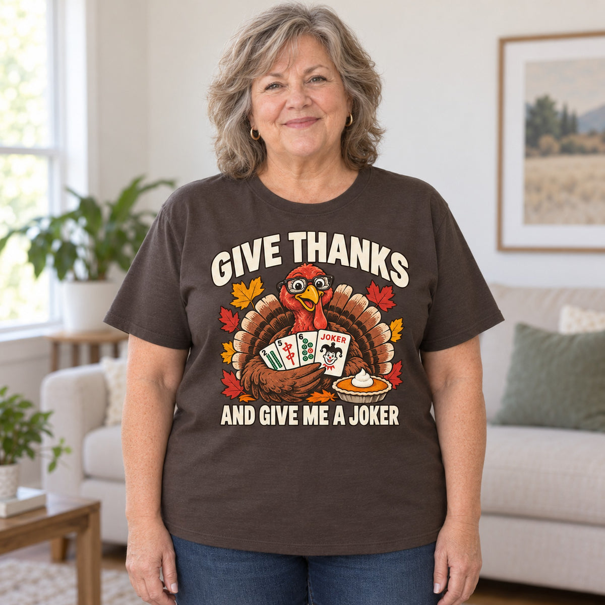 Give Thanks mahjong T-shirt in Dark Chocolate, worn by Debra. Debra is 5′4″ and wears her usual size 2XL. [bb c=dark-chocolate r=body2]