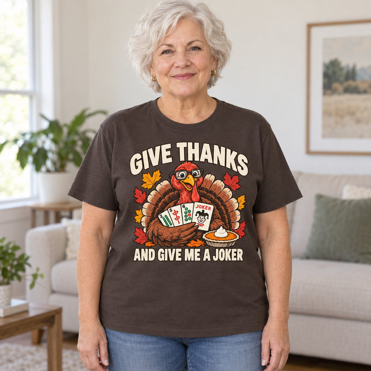 Give Thanks mahjong T-shirt in Dark Chocolate, worn by Barbara. Barbara is 5′5″ and wears her usual size L. [bb c=dark-chocolate r=hero]