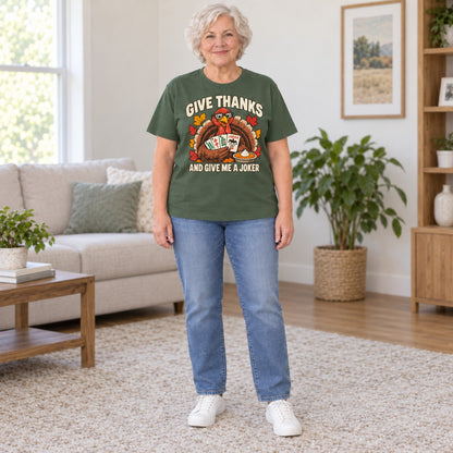 Give Thanks mahjong T-shirt in Military Green, full length, worn by Barbara. Barbara is 5′5″ and wears her usual size L. [bb c=military-green r=fit]