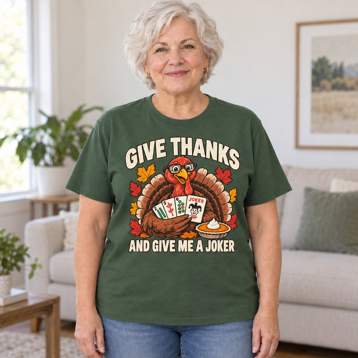 Give Thanks mahjong T-shirt in Military Green, worn by Barbara. Barbara is 5′5″ and wears her usual size L. [bb c=military-green r=hero]