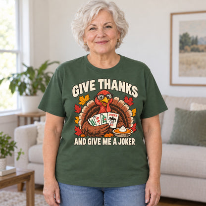 Give Thanks mahjong T-shirt in Military Green, worn by Barbara. Barbara is 5′5″ and wears her usual size L. [bb c=military-green r=hero]