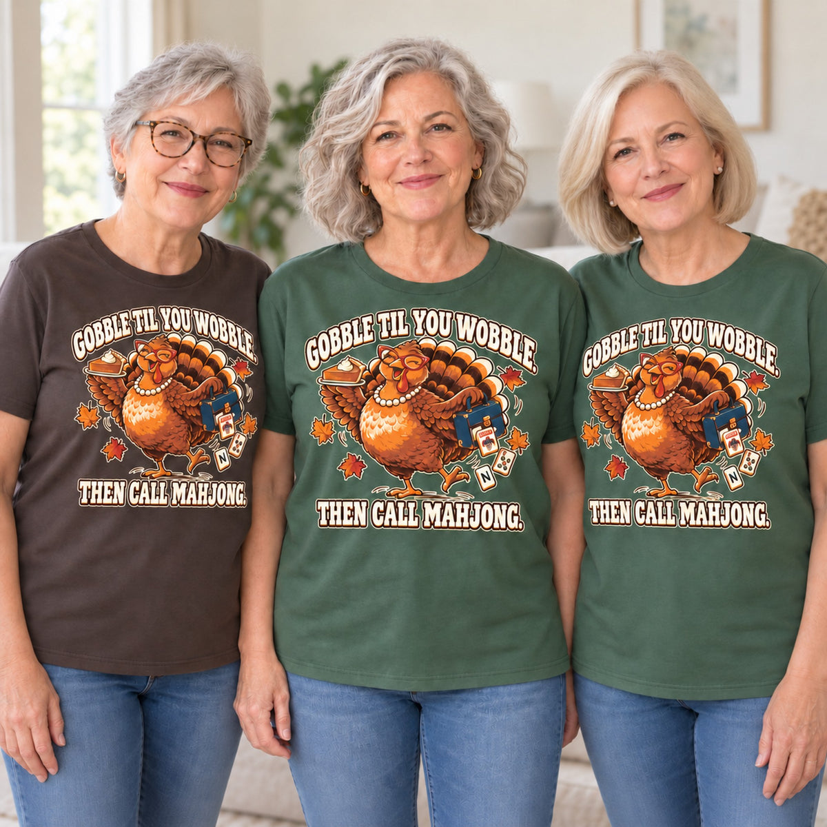 Gobble Til You Wobble mahjong T-shirt worn by three friends. Friends are wearing M, L and XL. [bb c=all r=friends]