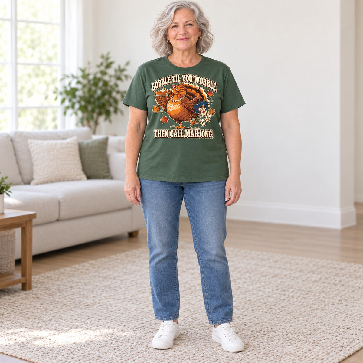 Gobble Til You Wobble mahjong T-shirt in Military Green, full length, worn by Donna. Donna is 5′5″ and wears her usual size L. [bb c=military-green r=fit]