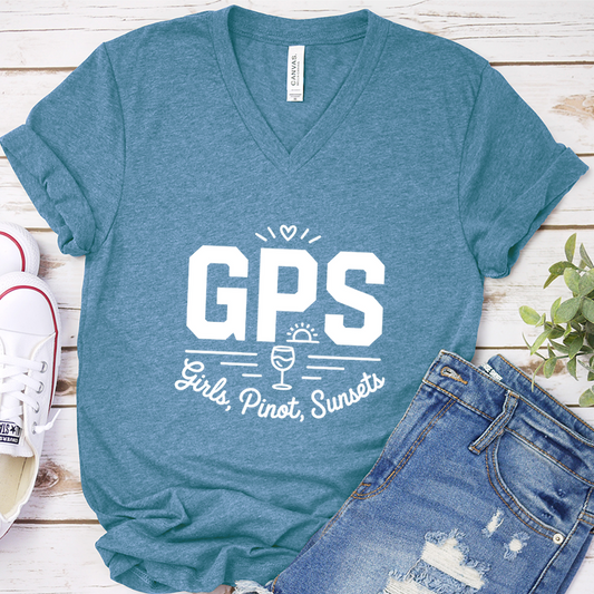 GPS Girls, Pinot, Sunsets V-Neck - Heather Deep Teal - Brooke & Belle