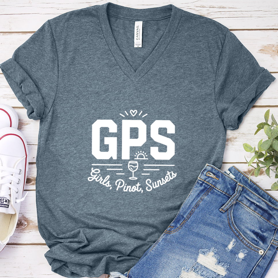 GPS Girls, Pinot, Sunsets V-Neck - Heather Slate - Brooke & Belle
