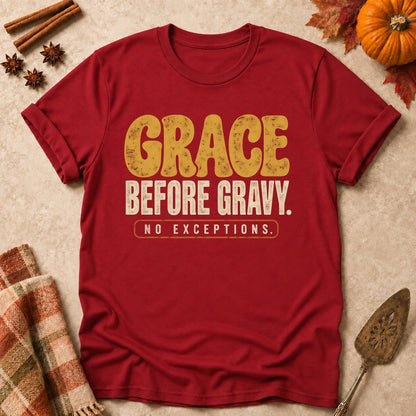 Grace Before Gravy faith T-shirt in Cardinal Red, laid flat. [bb c=cardinal-red r=flat]