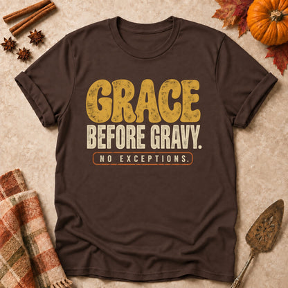 Grace Before Gravy faith T-shirt in Dark Chocolate, laid flat. [bb c=dark-chocolate r=flat]