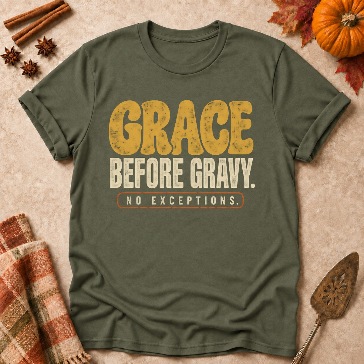 Grace Before Gravy faith T-shirt in Military Green, laid flat. [bb c=military-green r=flat]