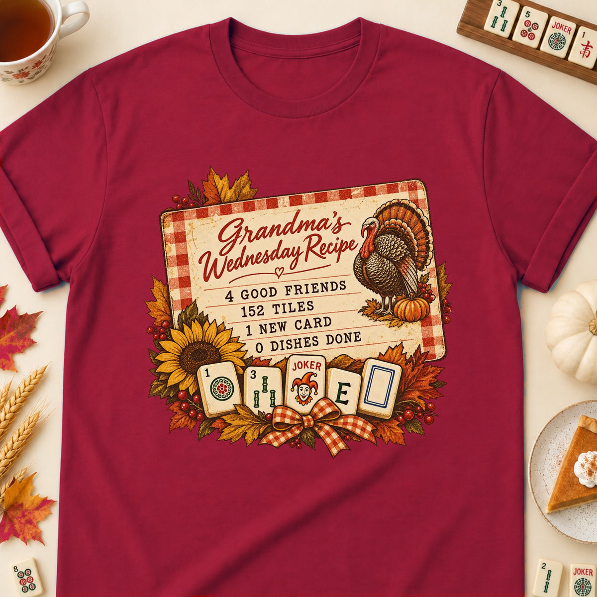 Grandma's Wednesday Recipe mahjong T-shirt in Cardinal Red, laid flat. [bb c=cardinal-red r=flat]