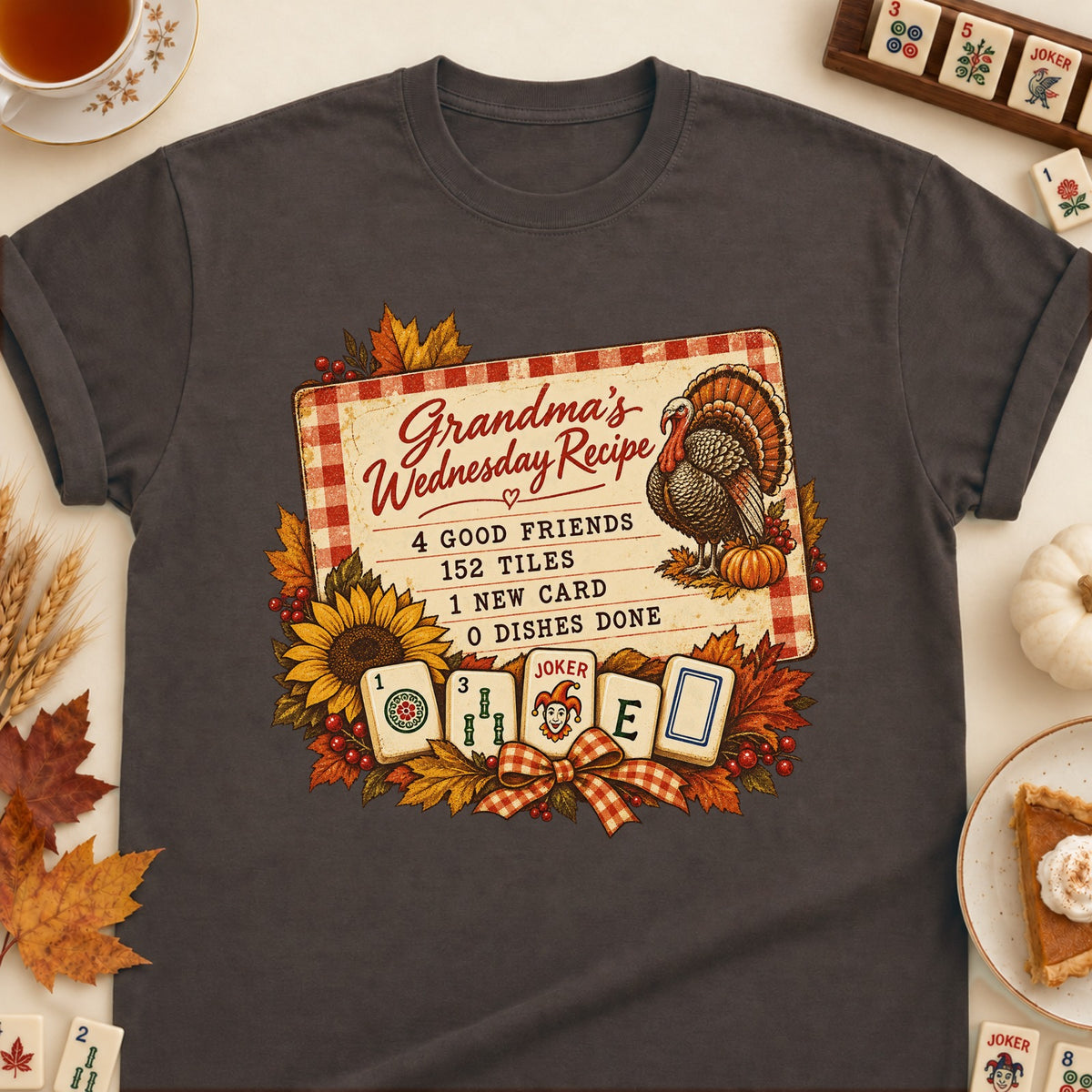 Grandma's Wednesday Recipe mahjong T-shirt in Dark Chocolate, laid flat. [bb c=dark-chocolate r=flat]