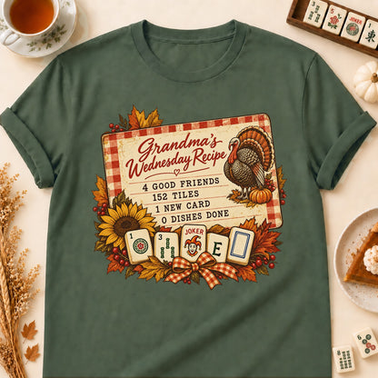 Grandma's Wednesday Recipe mahjong T-shirt in Military Green, laid flat. [bb c=military-green r=flat]