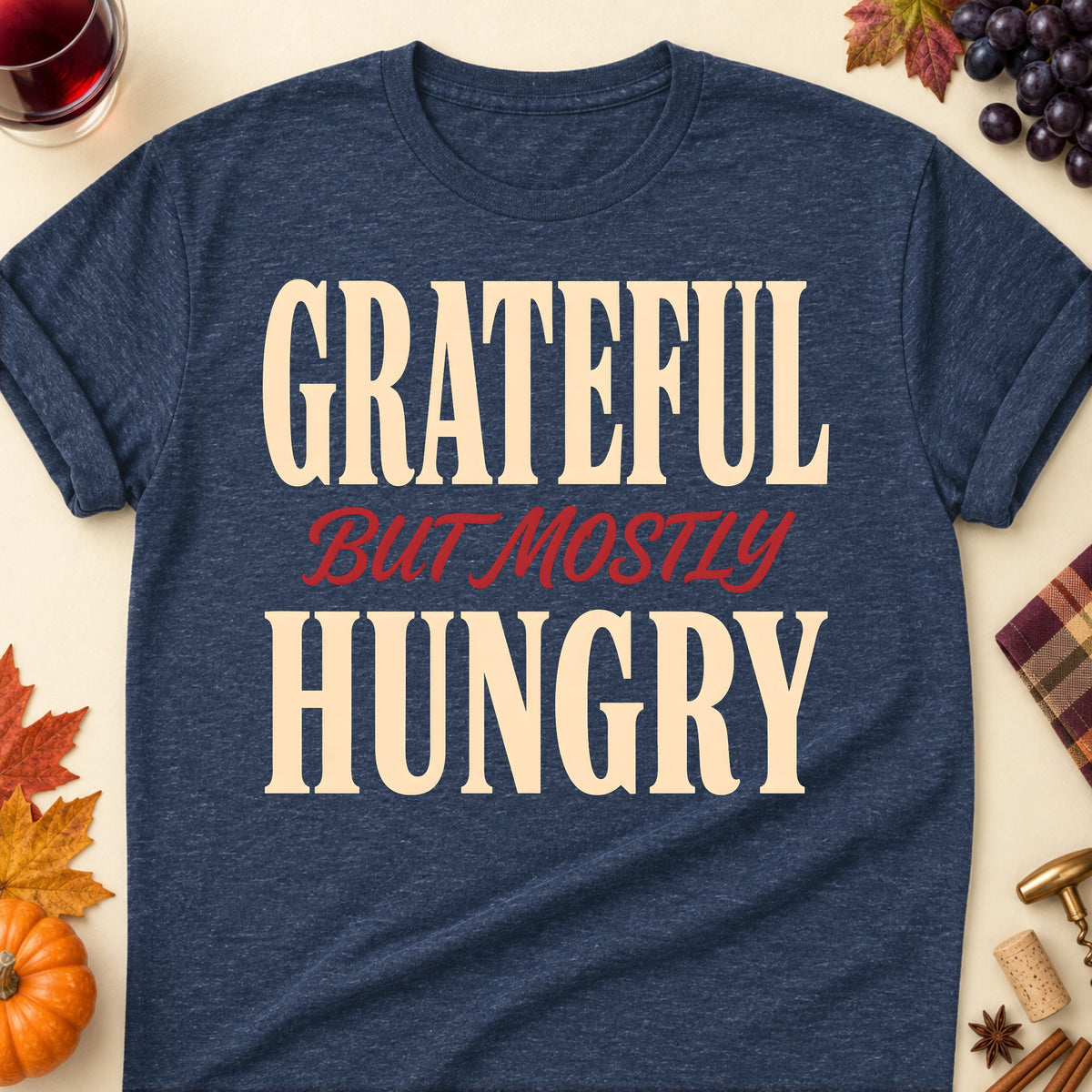 Grateful But Mostly Hungry Fall Colored Print T-Shirt - Heather Navy - Brooke & Belle