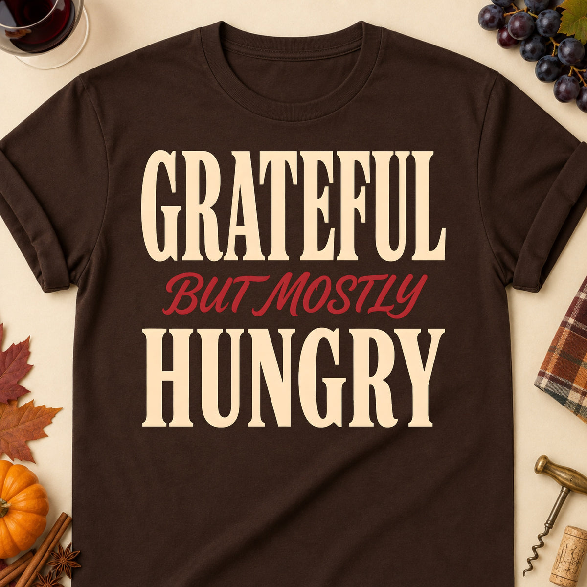 Grateful But Mostly Hungry Fall Colored Print T-Shirt - Dark Chocolate - Brooke & Belle