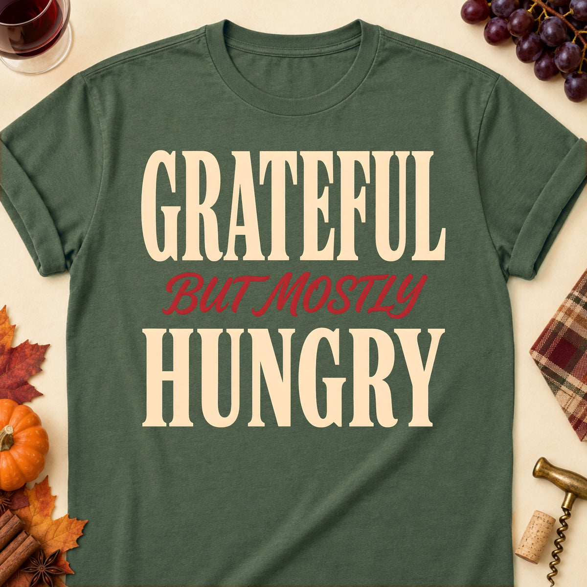 Grateful But Mostly Hungry Fall Colored Print T-Shirt - Military Green - Brooke & Belle