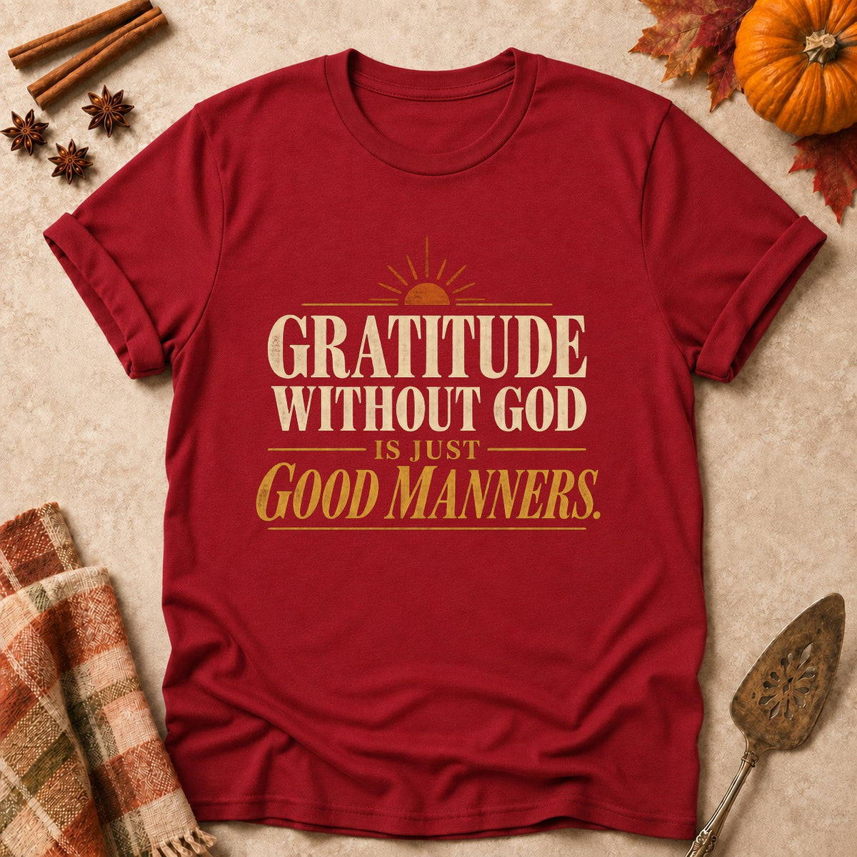 Just Good Manners faith T-shirt in Cardinal Red, laid flat. [bb c=cardinal-red r=flat]