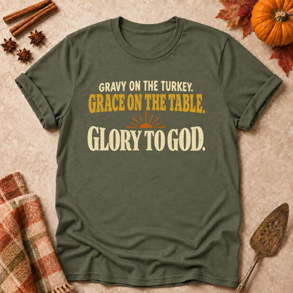 Glory To God faith T-shirt in Military Green, laid flat. [bb c=military-green r=flat]