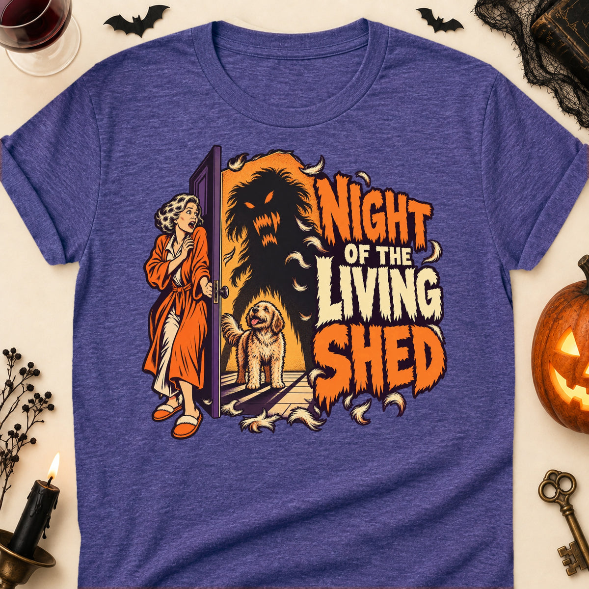 Night Of The Living Shed Halloween Dog Mom T-Shirt in Heather Purple