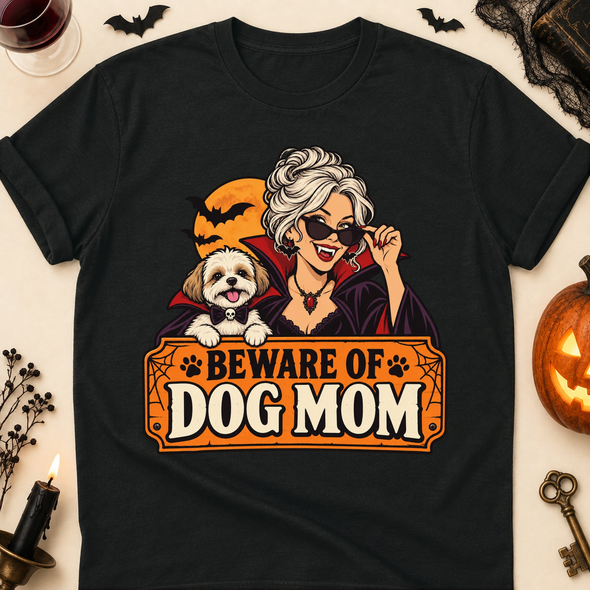 Beware Of Dog Mom Halloween T-Shirt in Black