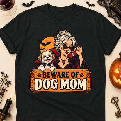 Beware Of Dog Mom Halloween T-Shirt in Black