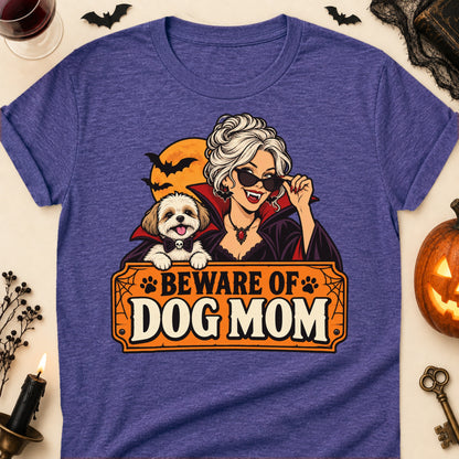 Beware Of Dog Mom Halloween T-Shirt in Heather Purple