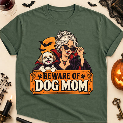 Beware Of Dog Mom Halloween T-Shirt in Military Green