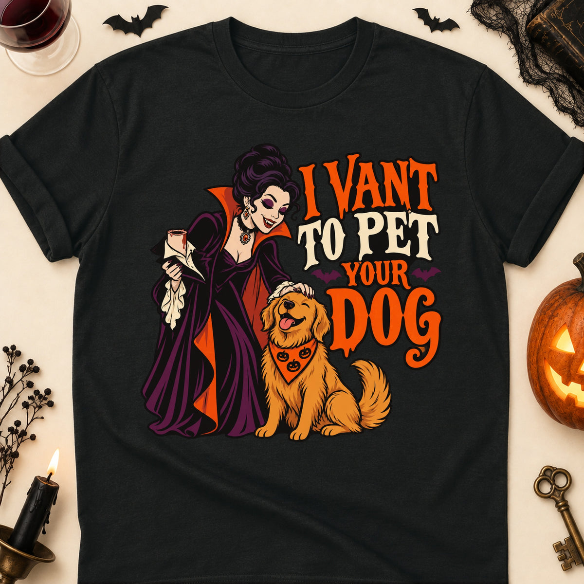 I Vant To Pet Your Dog Halloween Dog Mom T-Shirt in Black