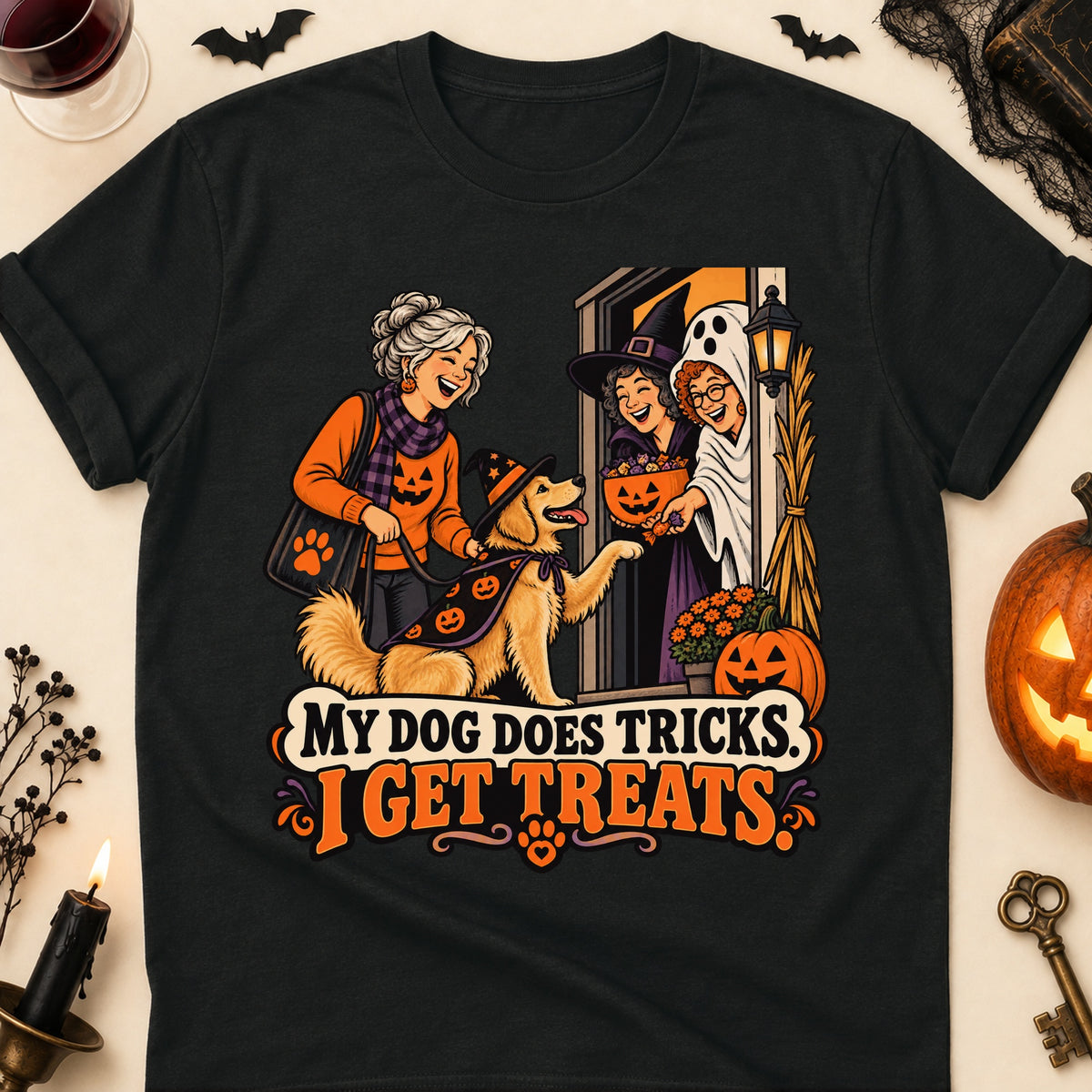 My Dog Does Tricks. I Get Treats. Halloween Dog Mom T-Shirt in Black