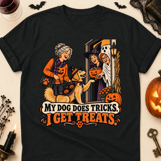 My Dog Does Tricks. I Get Treats. Halloween Dog Mom T-Shirt in Black