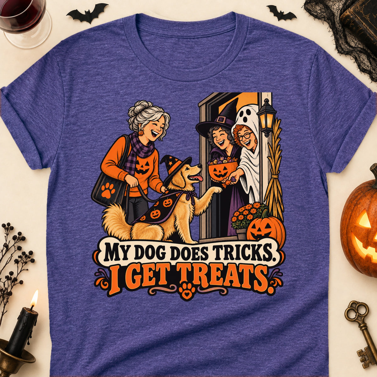 My Dog Does Tricks. I Get Treats. Halloween Dog Mom T-Shirt in Heather Purple