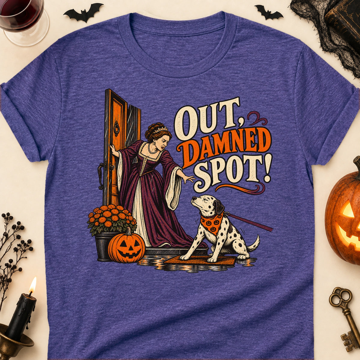 Out, Damned Spot! Halloween Dog Mom T-Shirt in Heather Purple
