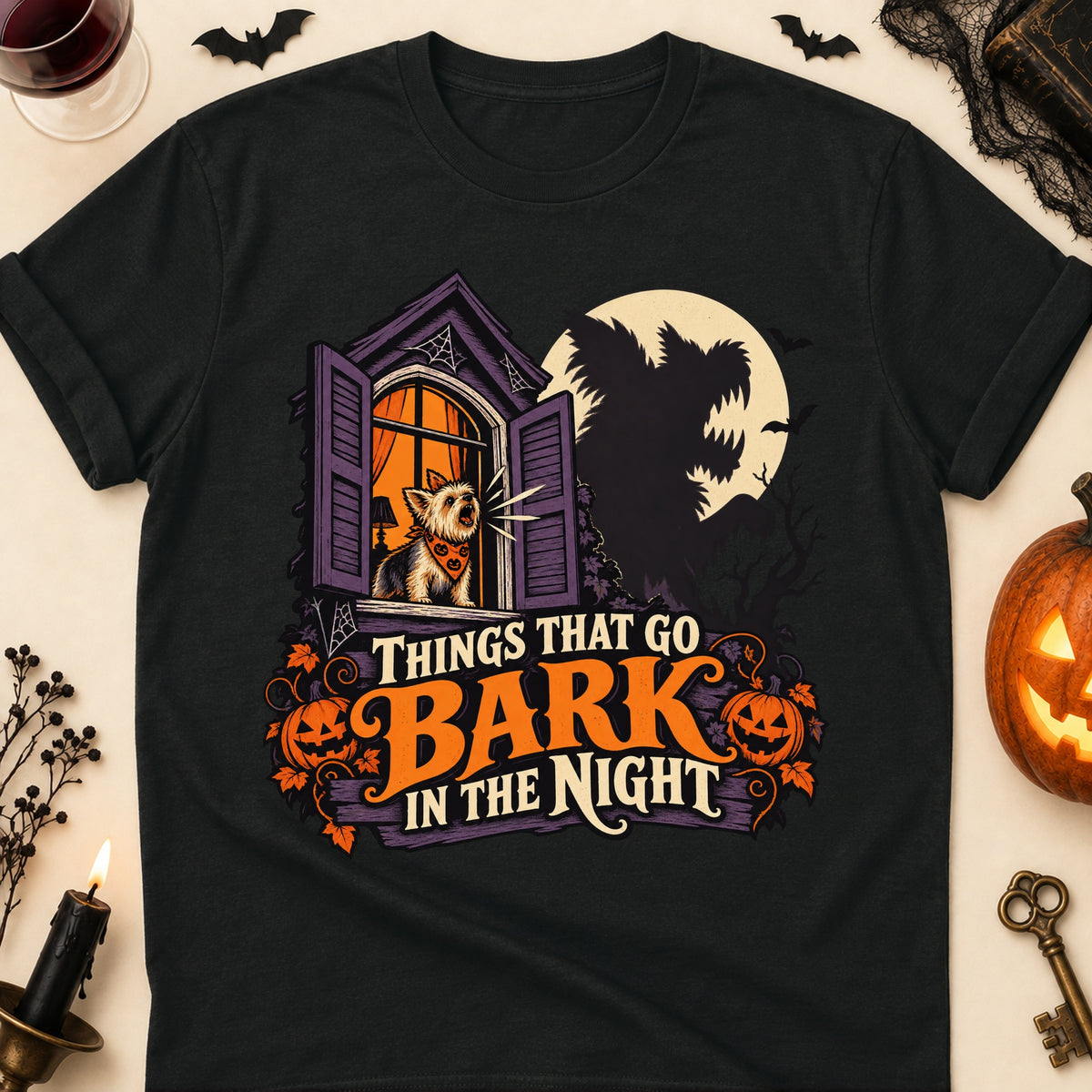 Things That Go Bark In The Night Halloween Dog Mom T-Shirt in Black
