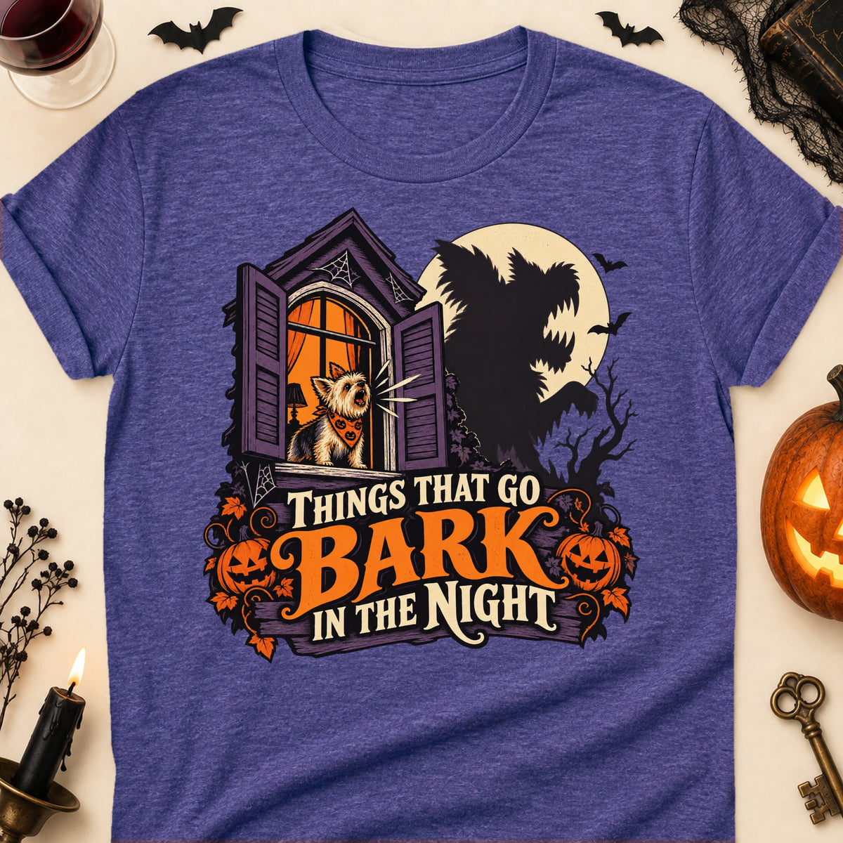 Things That Go Bark In The Night Halloween Dog Mom T-Shirt in Heather Purple