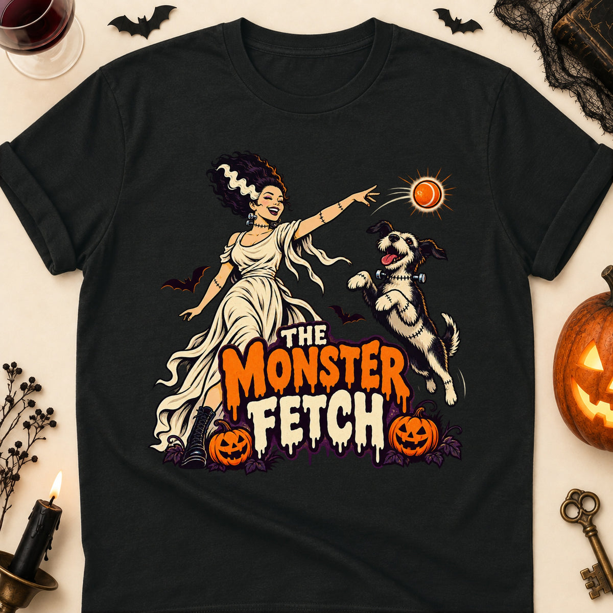 The Monster Fetch Halloween Dog Mom T-Shirt in Black