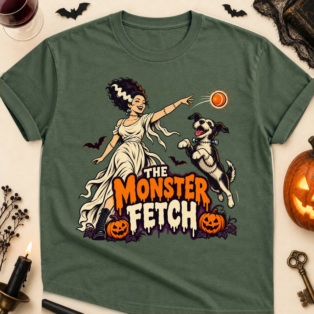 The Monster Fetch Halloween Dog Mom T-Shirt in Military Green
