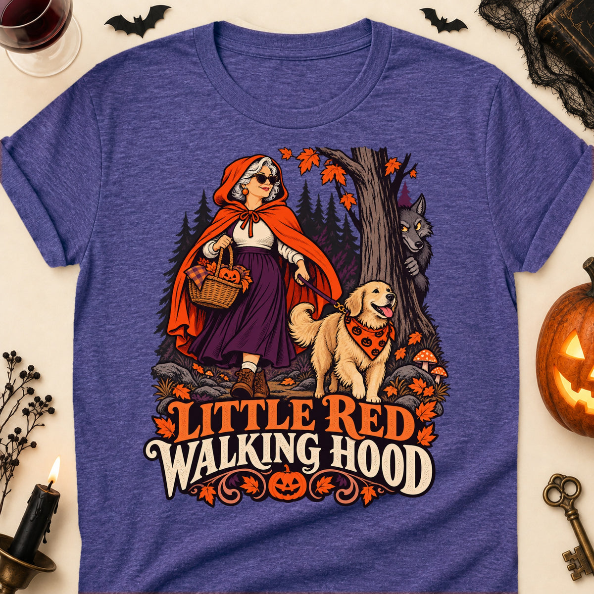 Little Red Walking Hood Halloween Dog Mom T-Shirt in Heather Purple