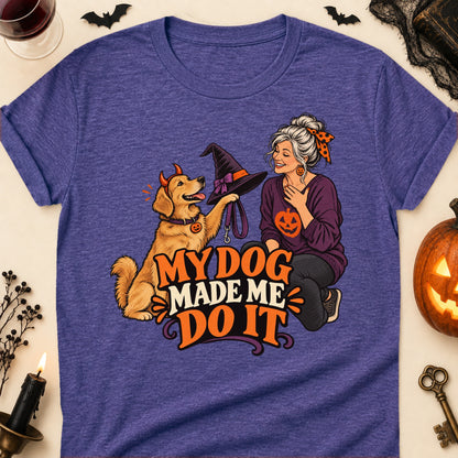 My Dog Made Me Do It Halloween Dog Mom T-Shirt in Heather Purple