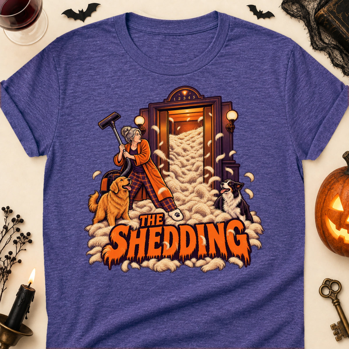 The Shedding Halloween Dog Mom T-Shirt in Heather Purple