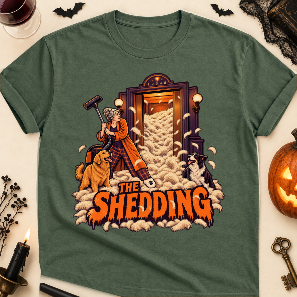 The Shedding Halloween Dog Mom T-Shirt in Military Green