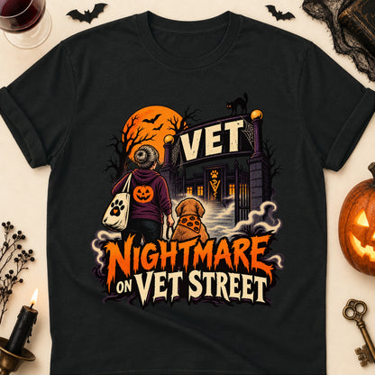 Nightmare On Vet Street Halloween Dog Mom T-Shirt in Black