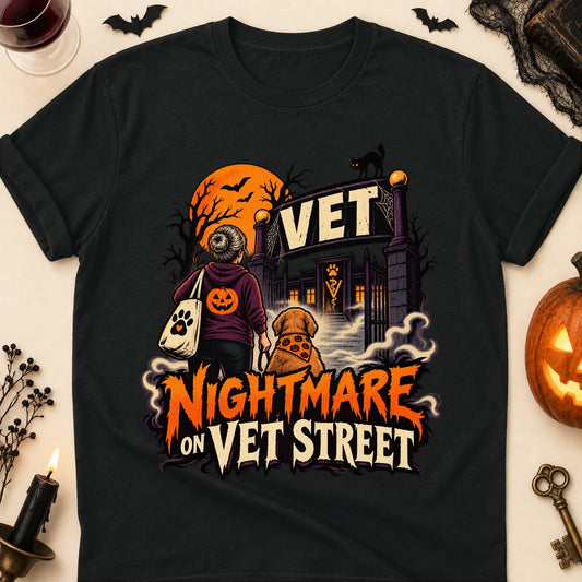 Nightmare On Vet Street Halloween Dog Mom T-Shirt in Black