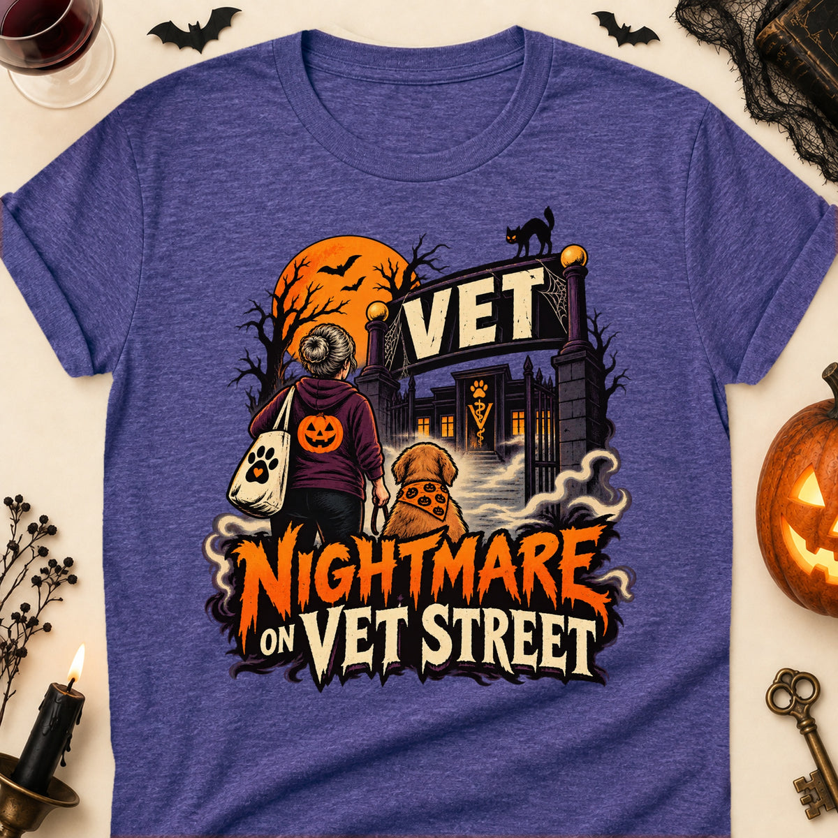Nightmare On Vet Street Halloween Dog Mom T-Shirt in Heather Purple