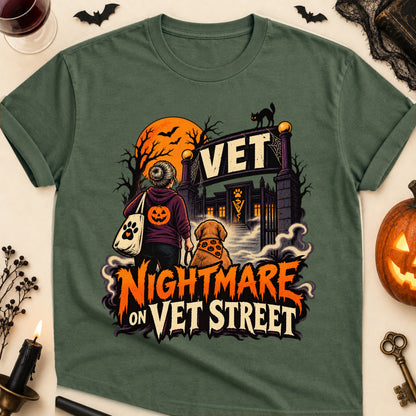 Nightmare On Vet Street Halloween Dog Mom T-Shirt in Military Green