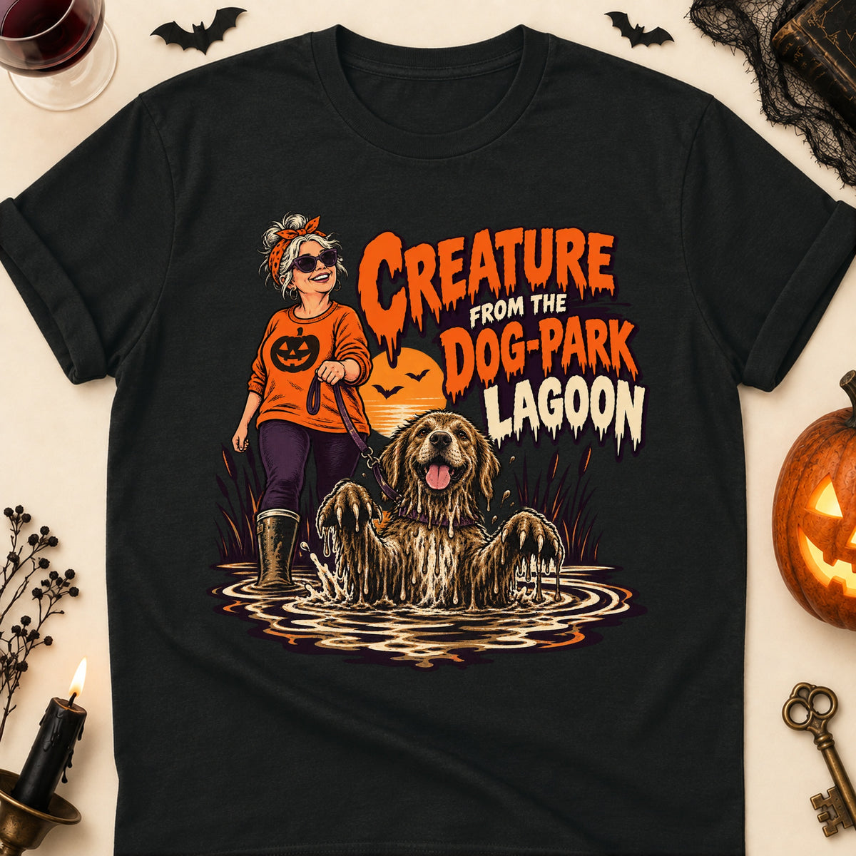 Creature From The Dog-Park Lagoon Halloween Dog Mom T-Shirt in Black