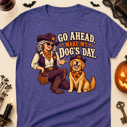 Go Ahead. Make My Dog's Day. Halloween Dog Mom T-Shirt in Heather Purple