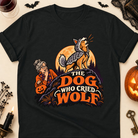 The Dog Who Cried Wolf Halloween Dog Mom T-Shirt in Black