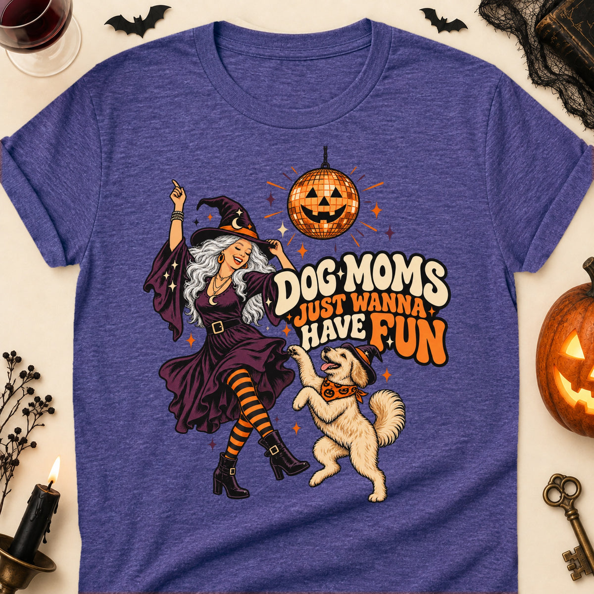 Dog Moms Just Wanna Have Fun Halloween Dog Mom T-Shirt in Heather Purple