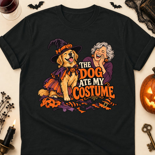 The Dog Ate My Costume Halloween Dog Mom T-Shirt in Black