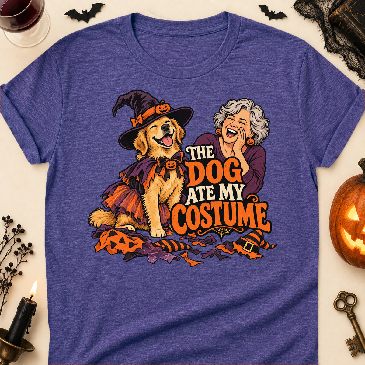 The Dog Ate My Costume Halloween Dog Mom T-Shirt in Heather Purple