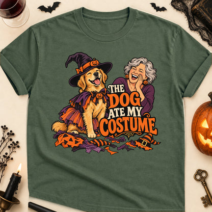 The Dog Ate My Costume Halloween Dog Mom T-Shirt in Military Green